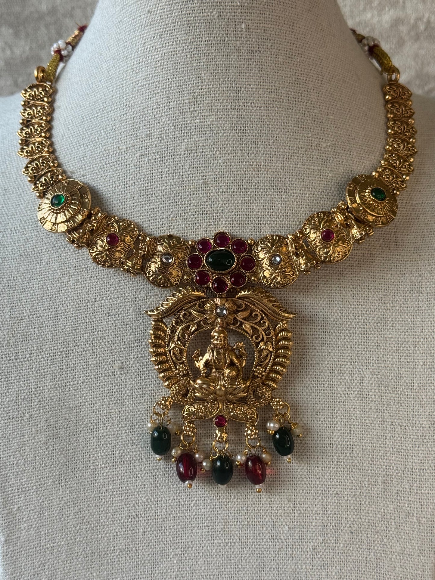 Temple Lakshmi Ma Necklace Set with Rani & Green Detailing