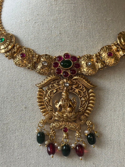 Temple Lakshmi Ma Necklace Set with Rani & Green Detailing