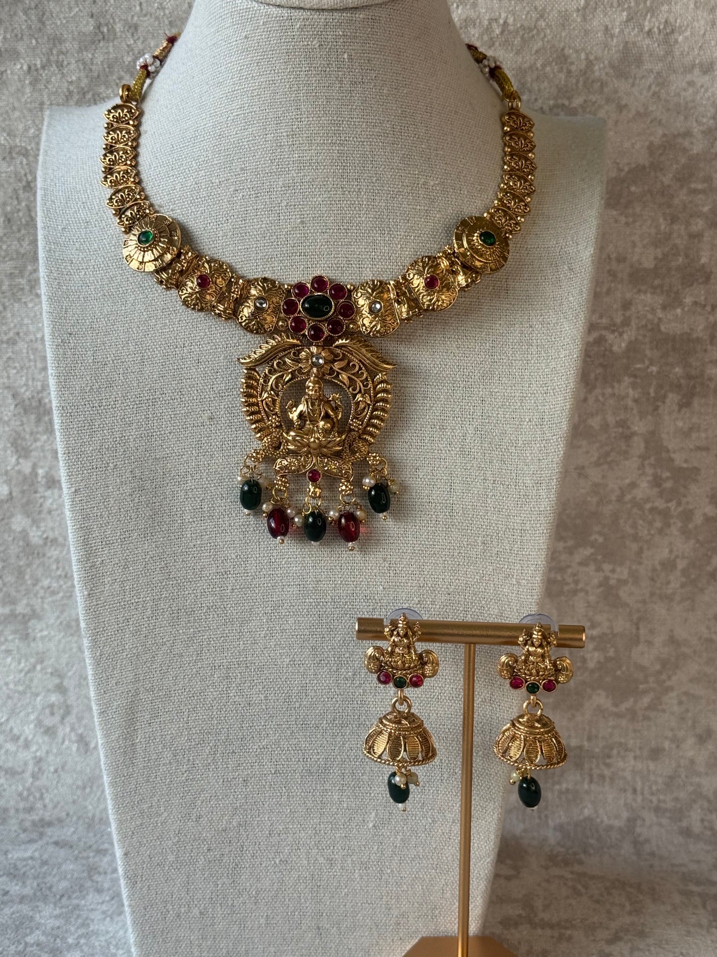 Temple Lakshmi Ma Necklace Set with Rani & Green Detailing