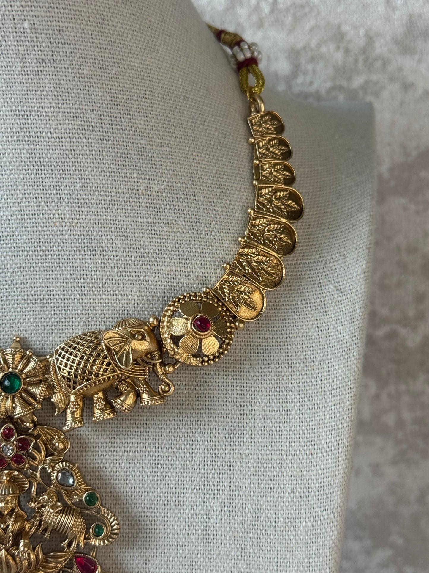 Temple Lakshmi Ma & Elephants Necklace Set with Rani & Green Detailing