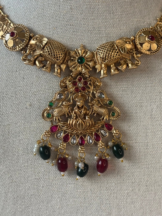 Temple Lakshmi Ma & Elephants Necklace Set with Rani & Green Detailing