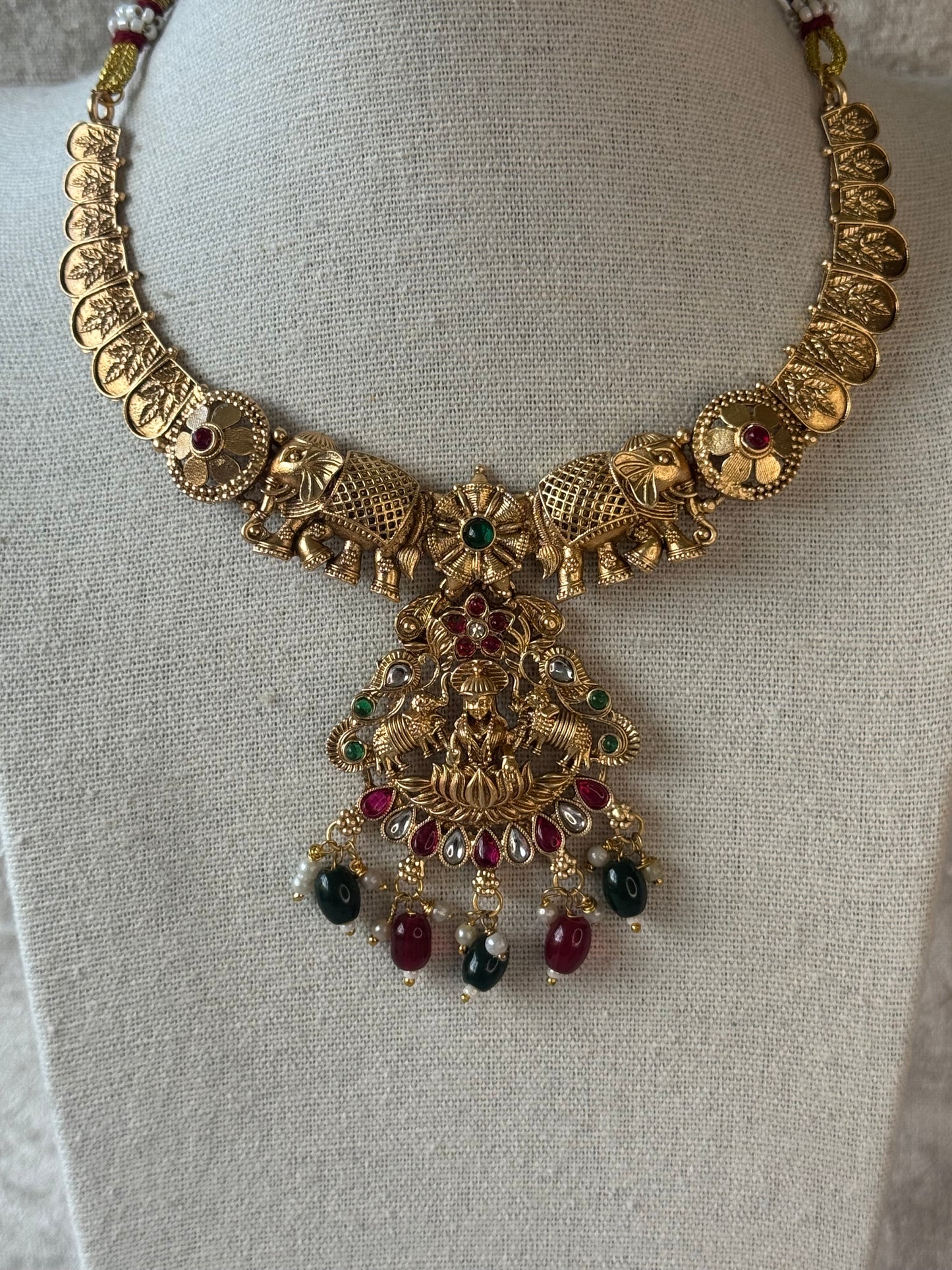 Temple Lakshmi Ma & Elephants Necklace Set with Rani & Green Detailing