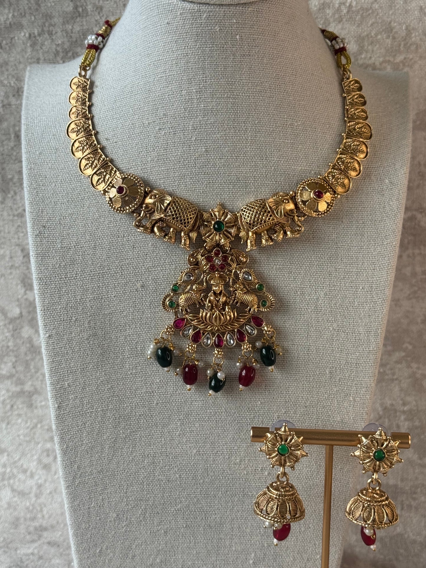 Temple Lakshmi Ma & Elephants Necklace Set with Rani & Green Detailing