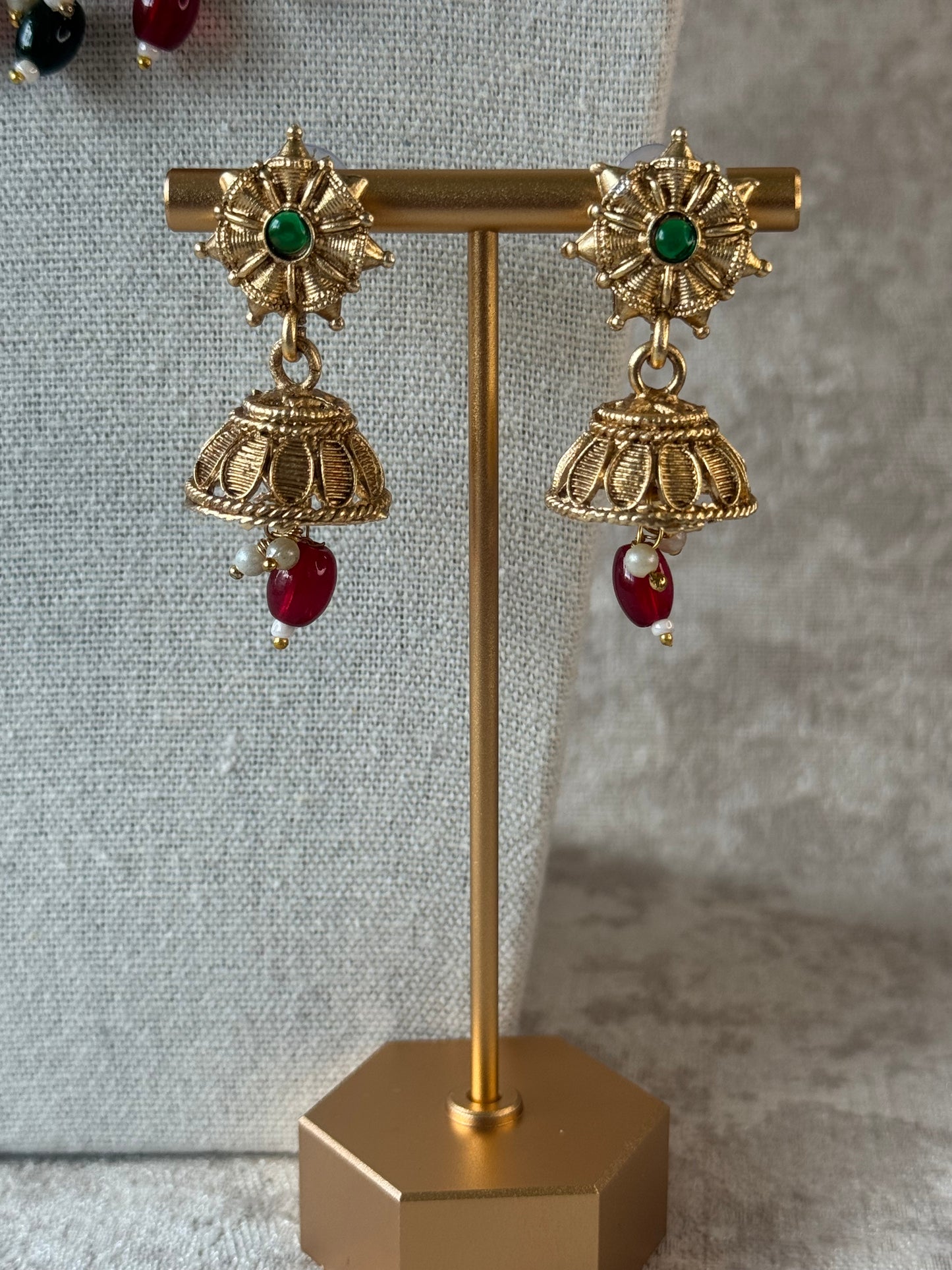 Temple Lakshmi Ma & Elephants Necklace Set with Rani & Green Detailing