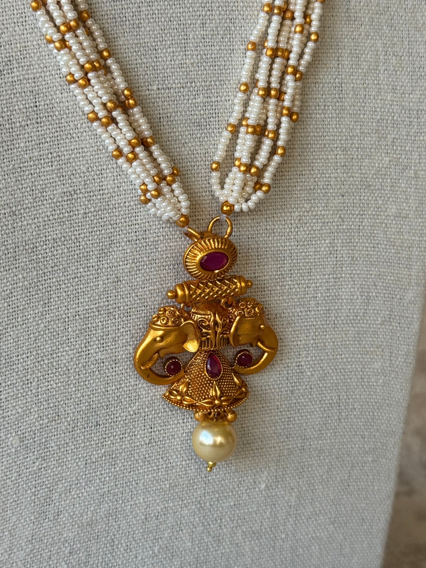 Matt Gold Finish Pearl beaded set with Elephant motif