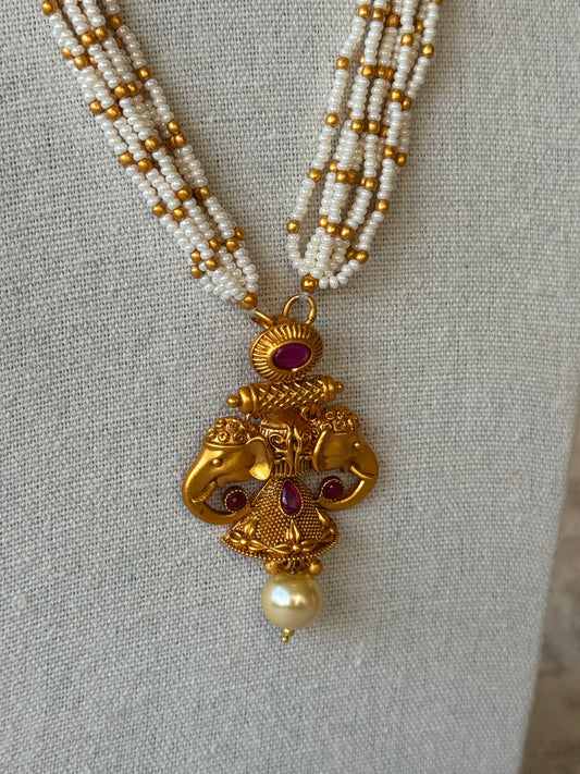 Matt Gold Finish Pearl beaded set with Elephant motif
