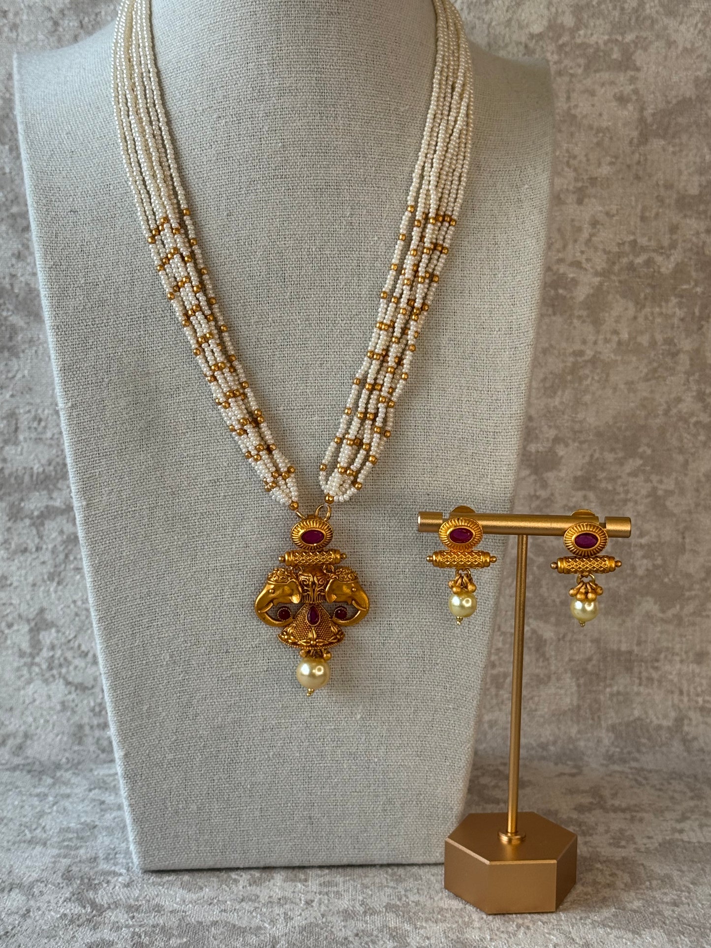 Matt Gold Finish Pearl beaded set with Elephant motif