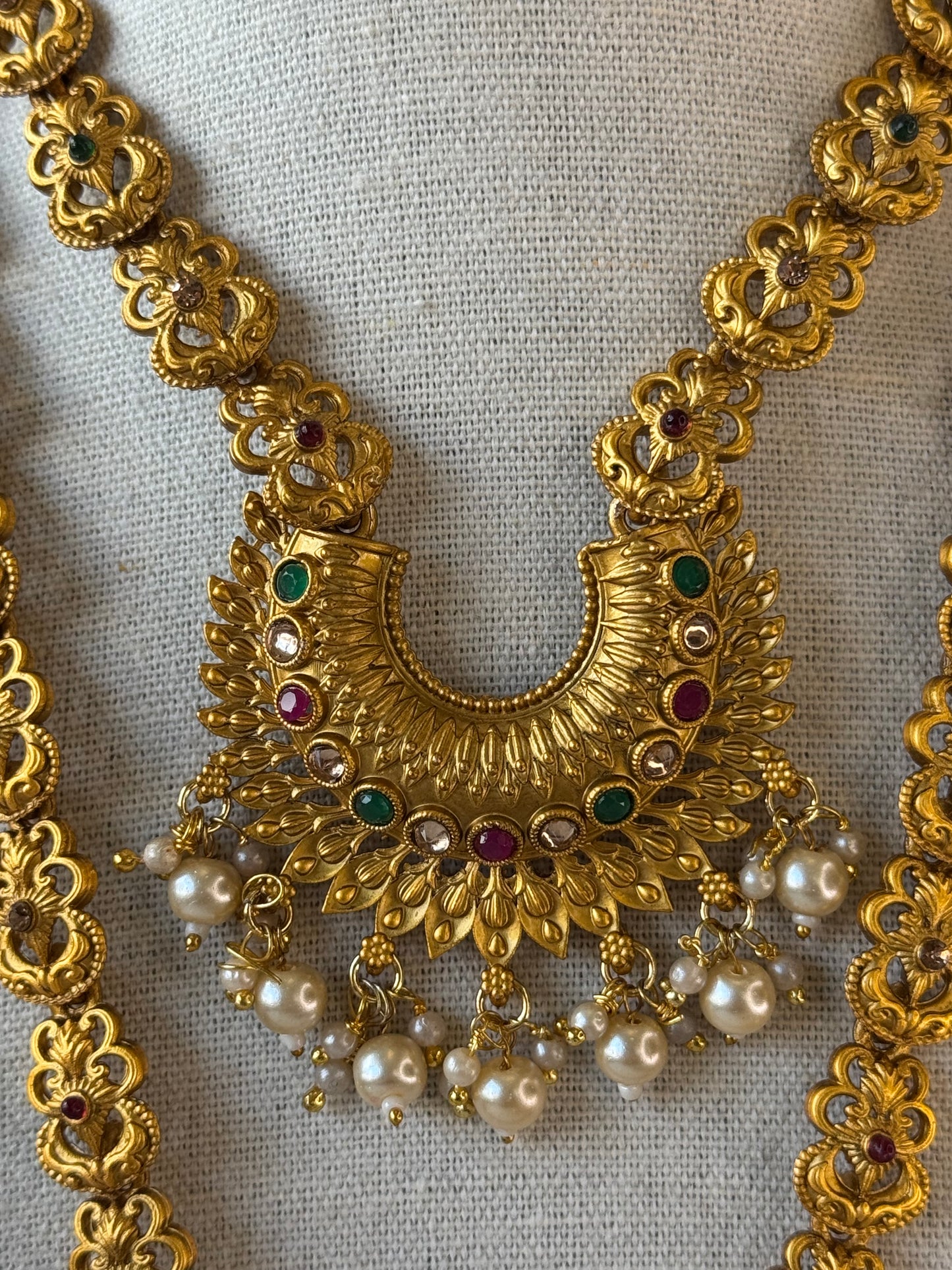 Matt Gold Long & Short necklace set with pearl & ruby green stones