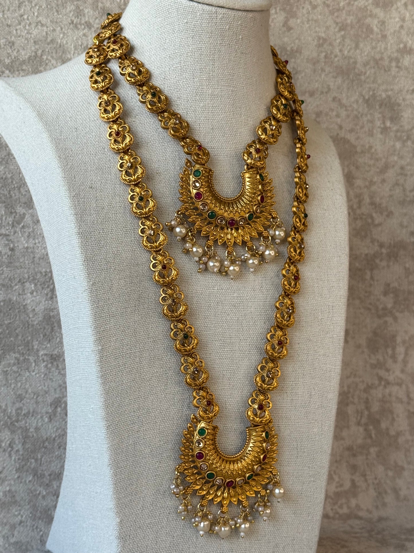 Matt Gold Long & Short necklace set with pearl & ruby green stones
