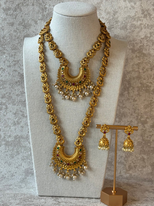 Matt Gold Long & Short necklace set with pearl & ruby green stones