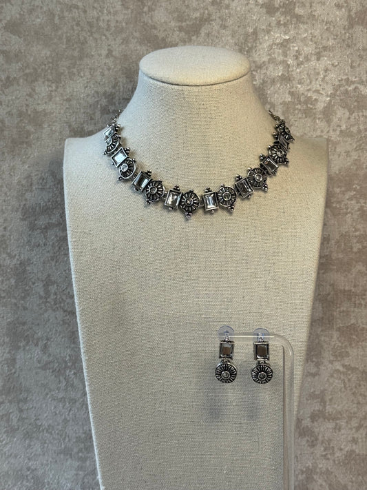 Oxidised Silver Tone Choker Necklace & Stud Earring Set