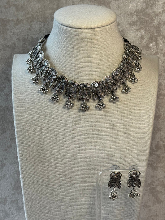 Exquisite Oxidised Silver Choker Necklace & Earring Set