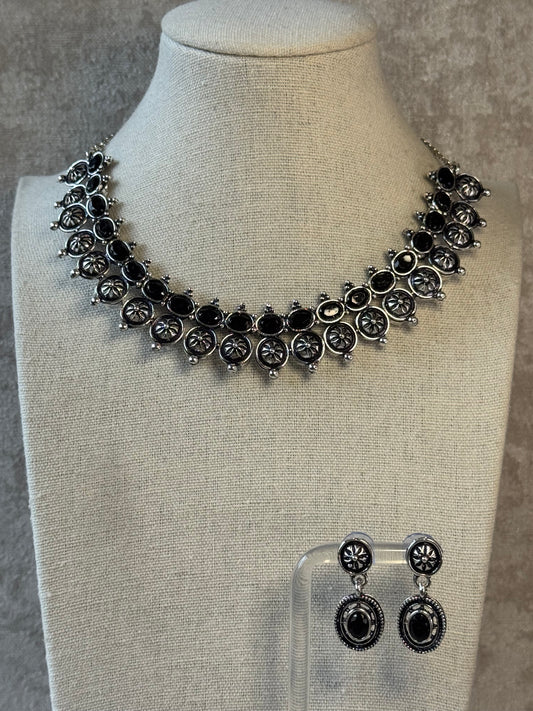 Oxidised Silver Ethnic Choker Necklace & Earring Set with Clear Stone Accents