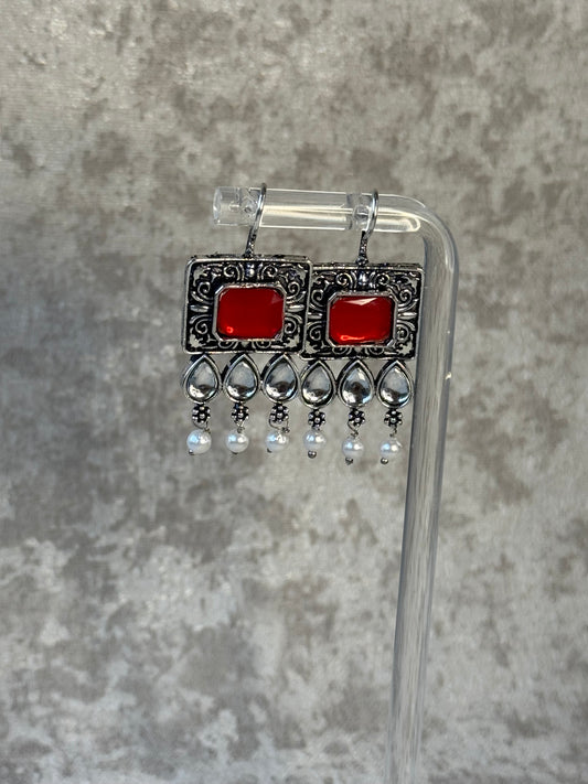 Oxidised Silver-Tone Earrings with Red Stones & Pearl Drops