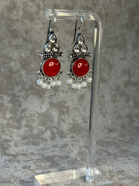 Oxidised Silver-Tone Earrings with Pearl Drops (Multiple Colours)