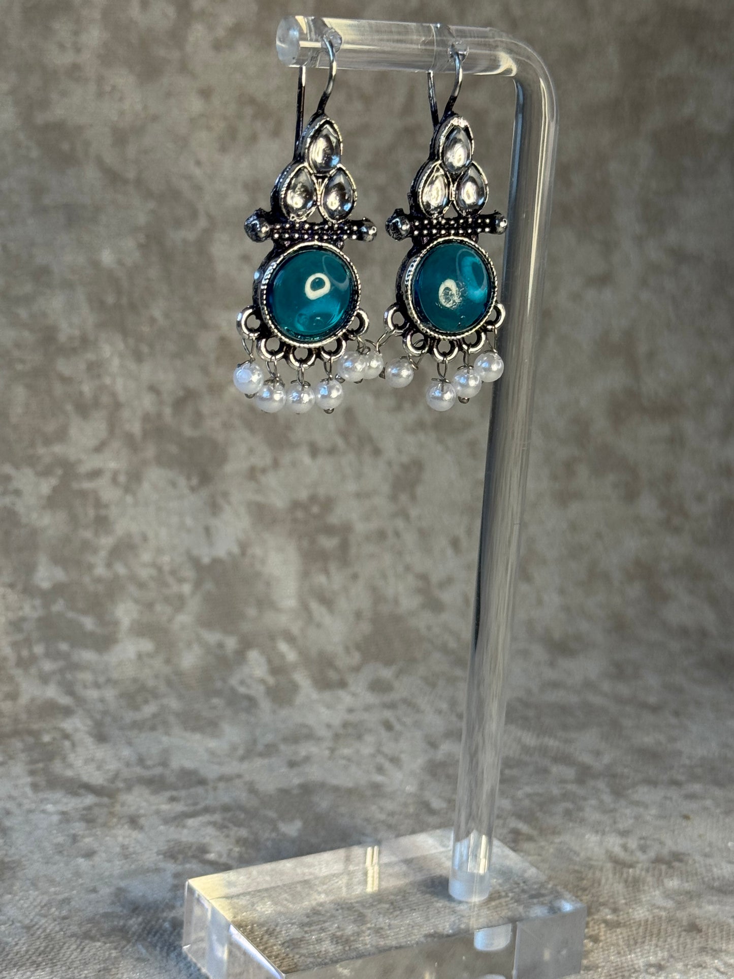 Oxidised Silver-Tone Earrings with Pearl Drops (Multiple Colours)