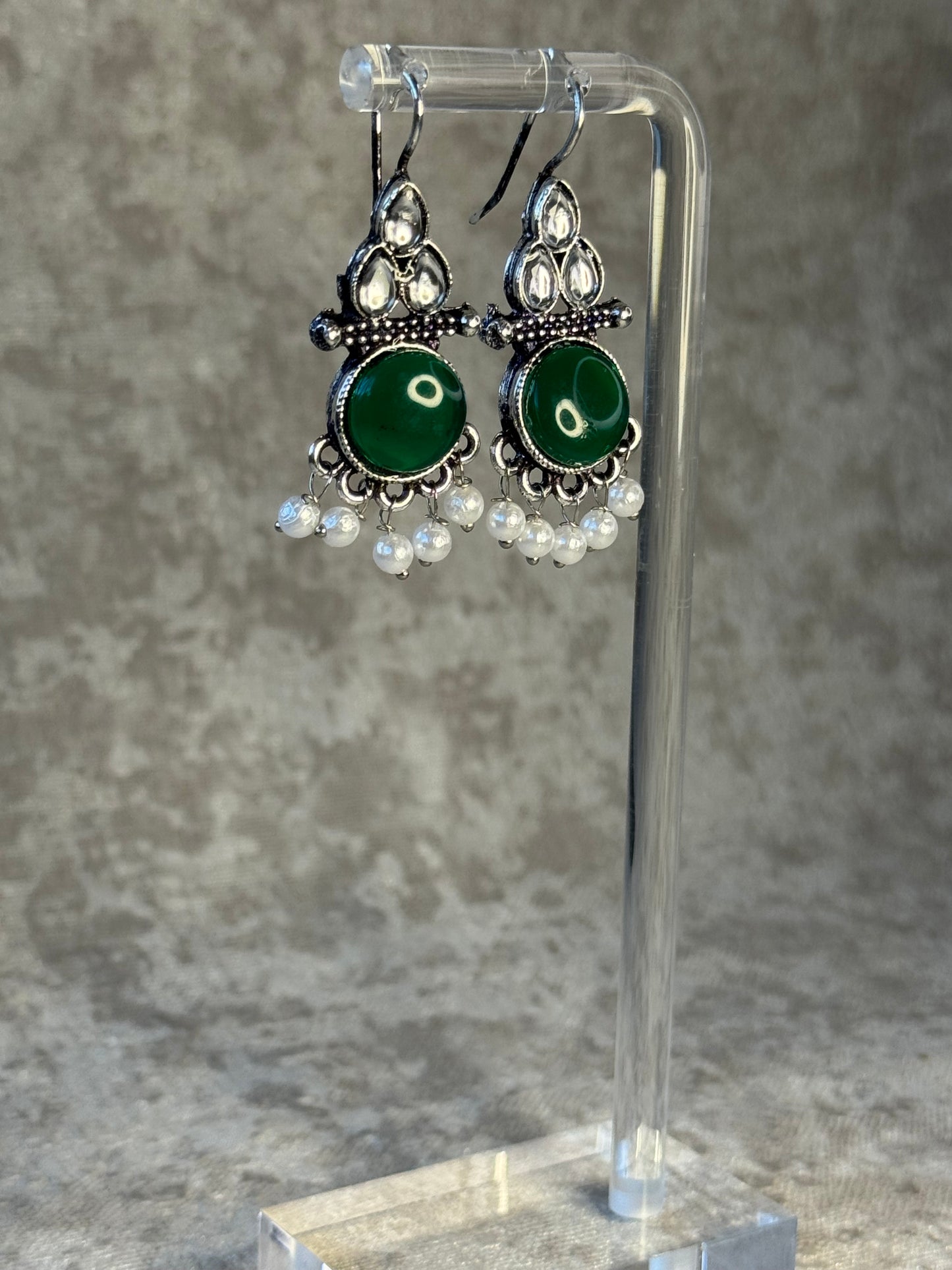 Oxidised Silver-Tone Earrings with Pearl Drops (Multiple Colours)