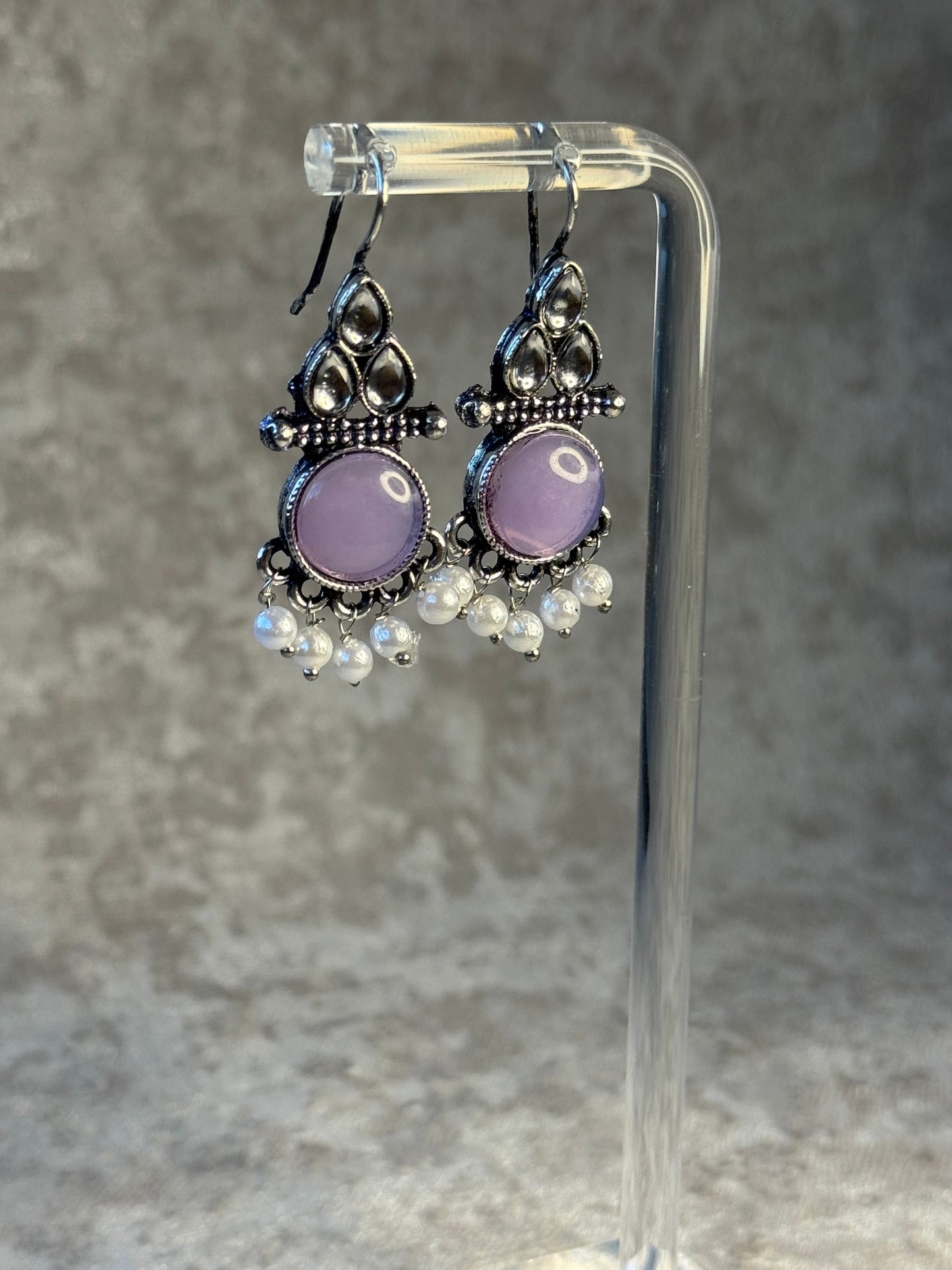 Oxidised Silver-Tone Earrings with Pearl Drops (Multiple Colours)