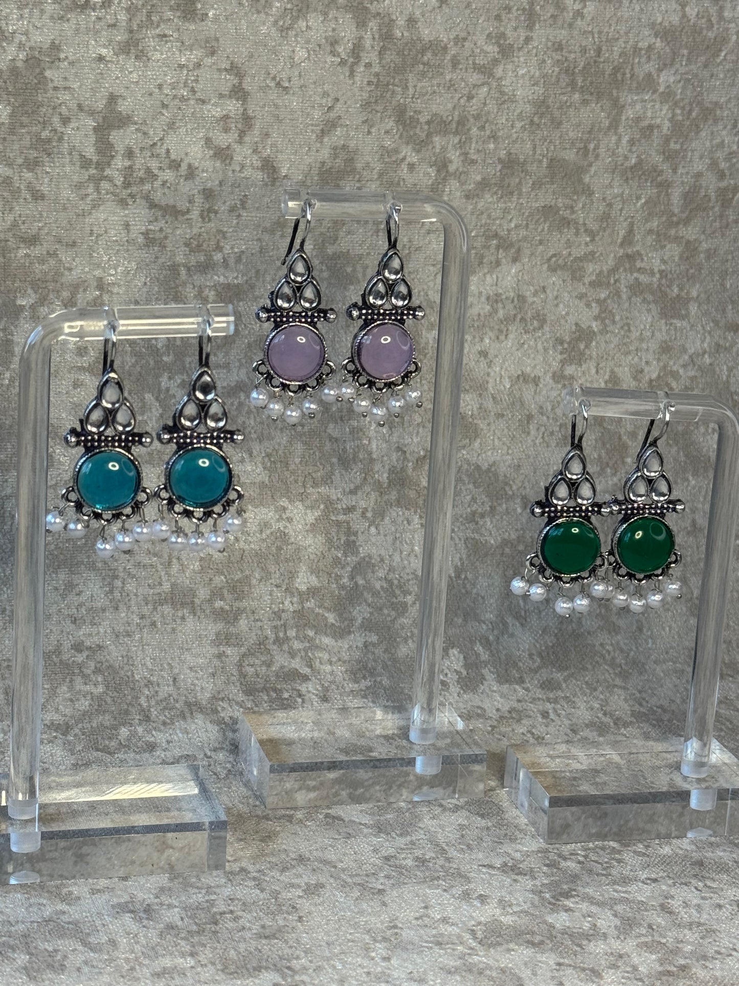 Oxidised Silver-Tone Earrings with Pearl Drops (Multiple Colours)