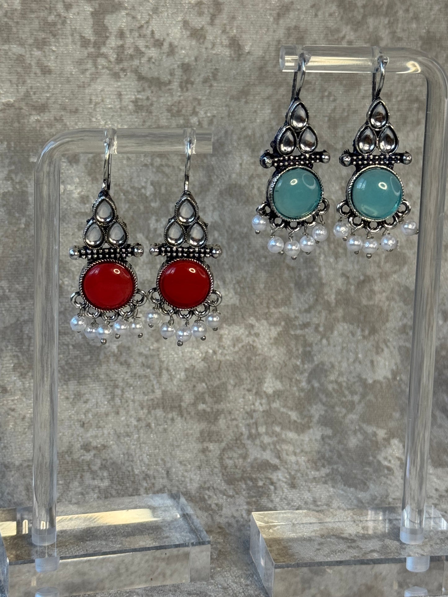 Oxidised Silver-Tone Earrings with Pearl Drops (Multiple Colours)