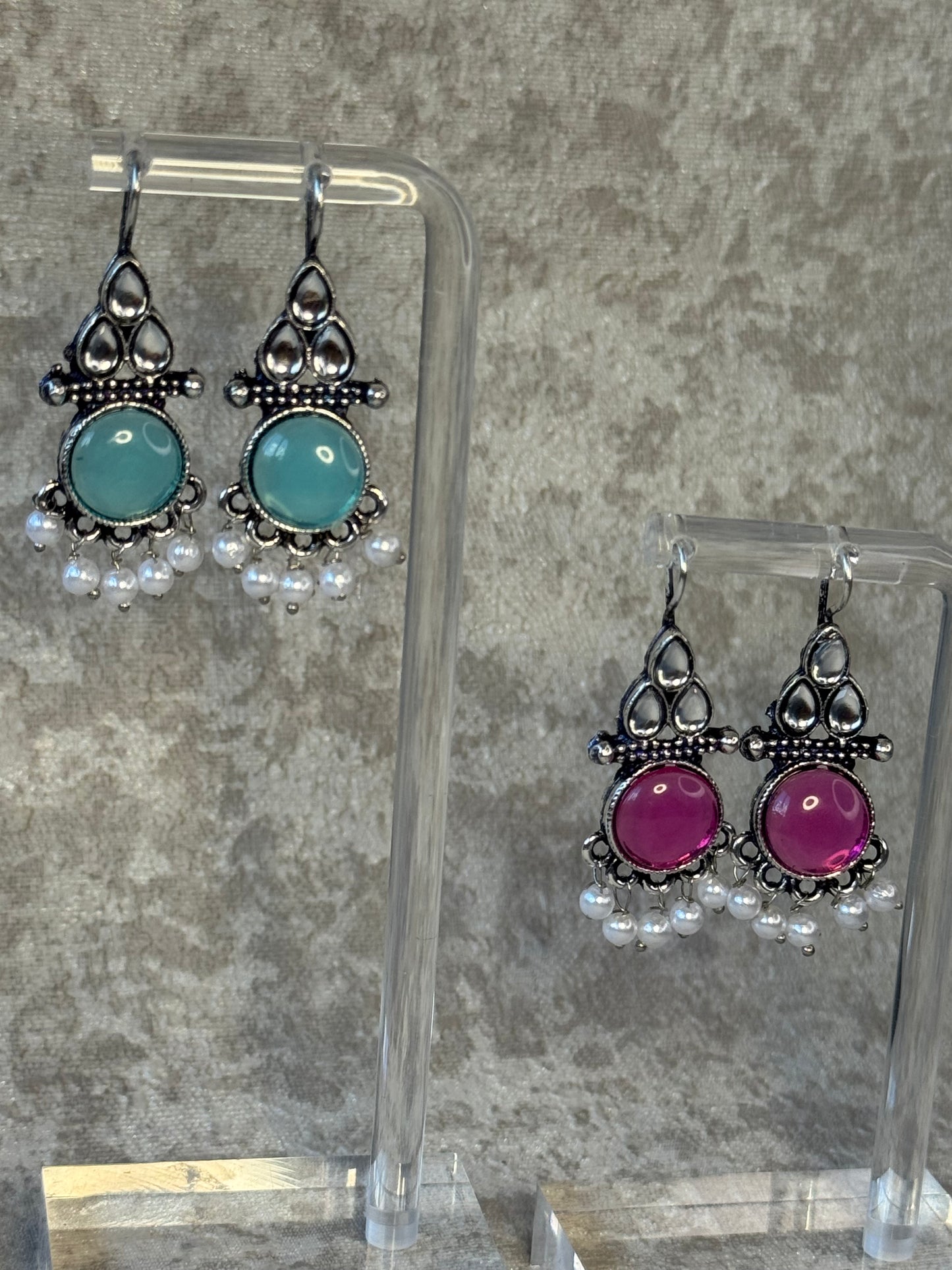 Oxidised Silver-Tone Earrings with Pearl Drops (Multiple Colours)