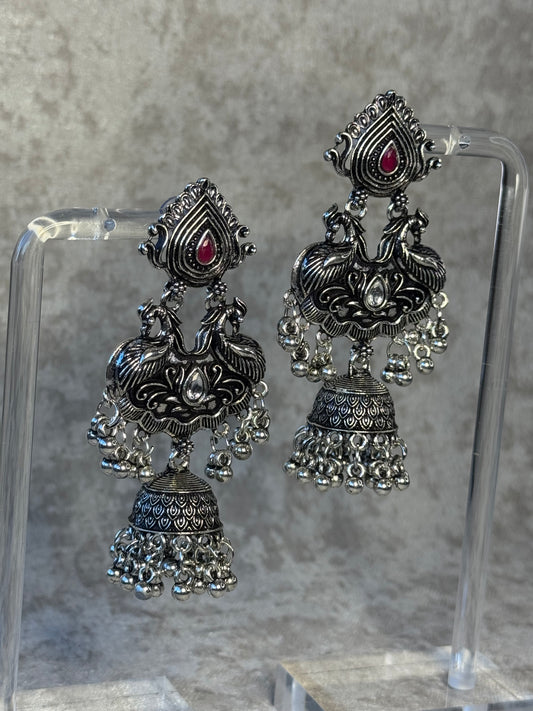 Oxidised Jhumka Earrings with bird motif