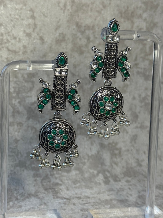 Oxidised Silver Earrings with Green Stone Accents