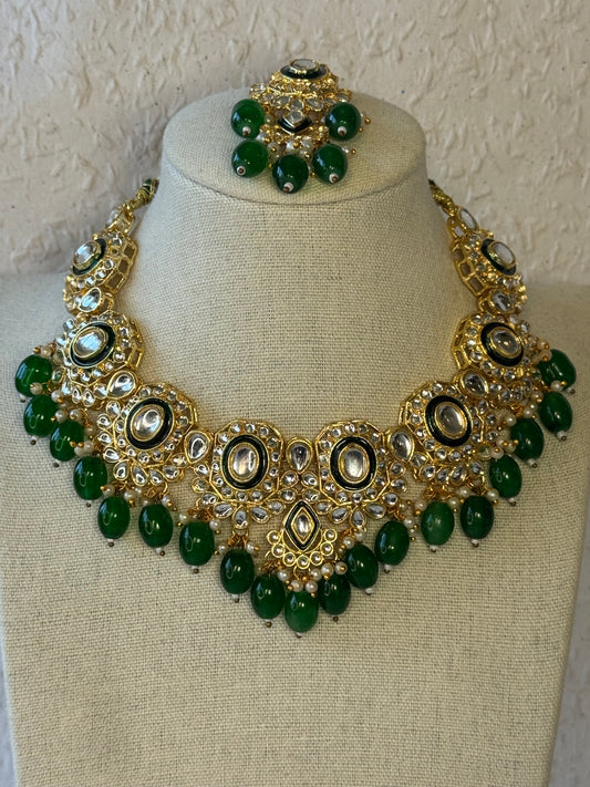 Gold & Green Necklace Set with Tikka