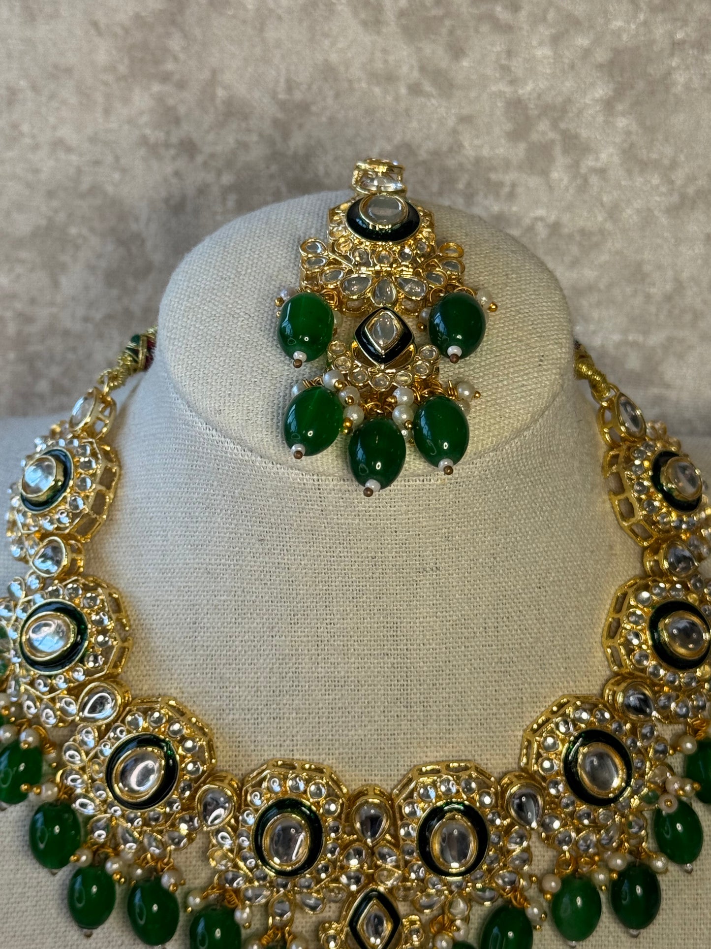 Gold & Green Necklace Set with Tikka