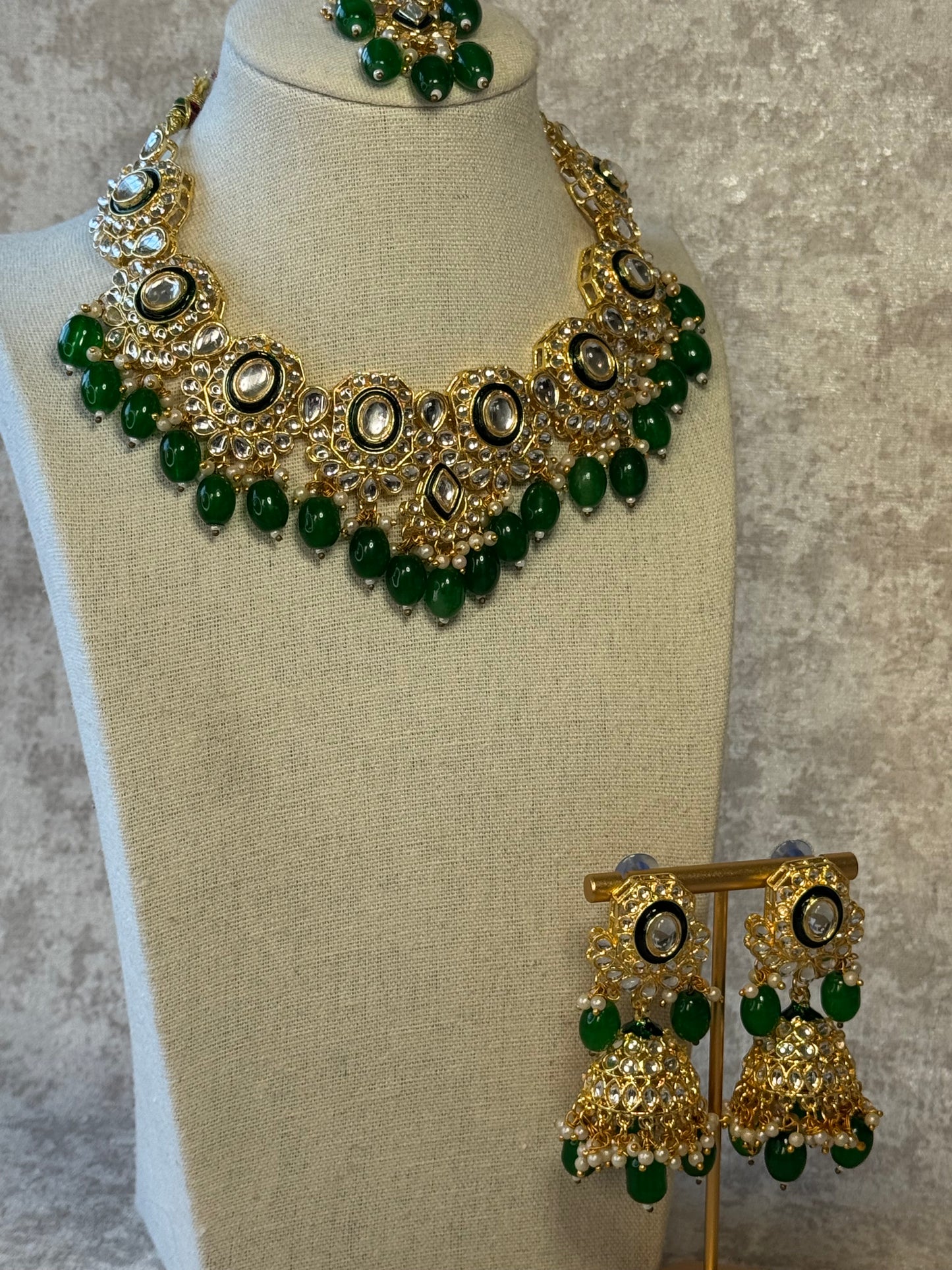 Gold & Green Necklace Set with Tikka