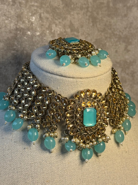 Sky Blue Choker Set with Tikka, Pasa & Earring with sahara