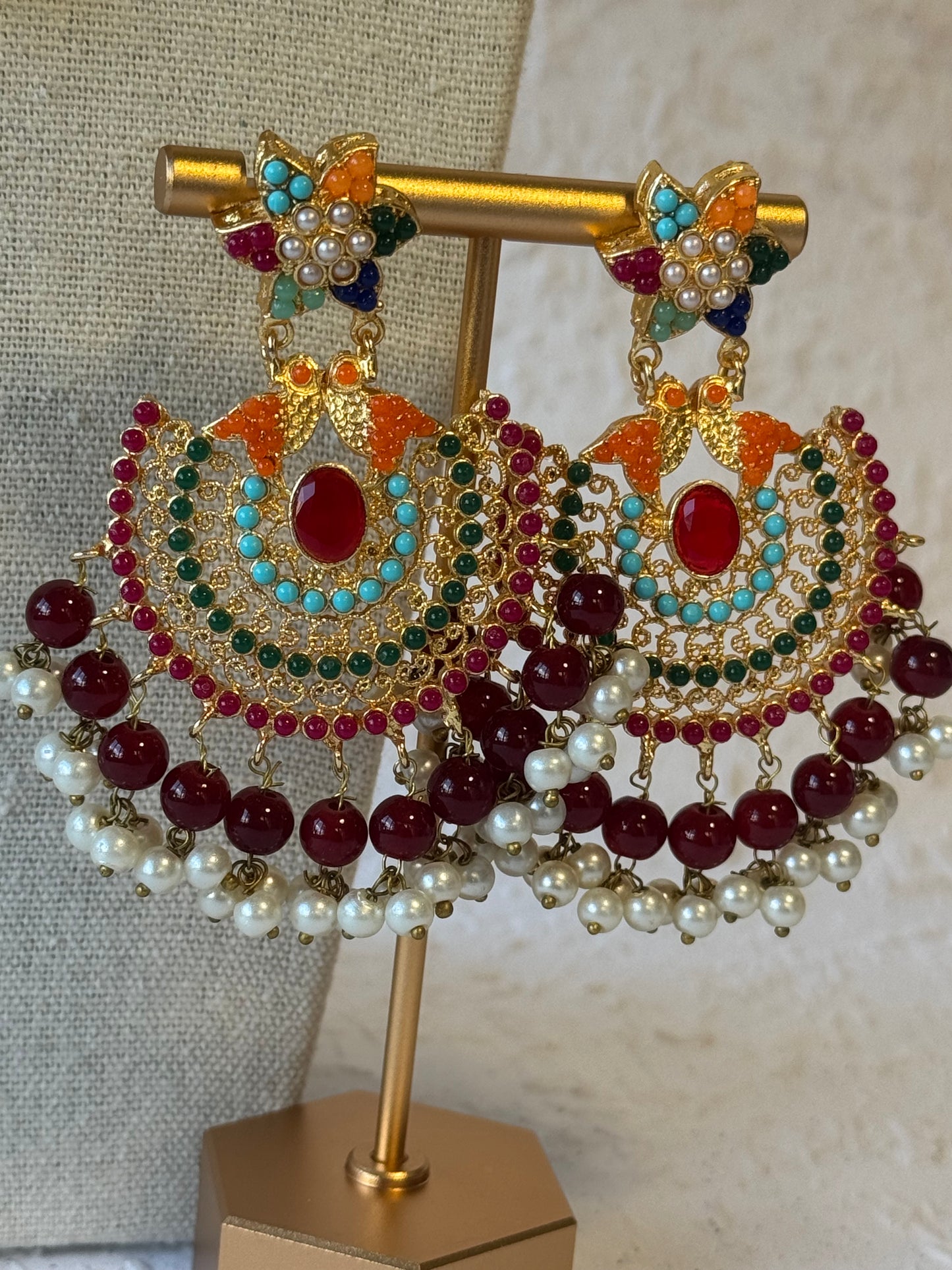 White Beaded Necklace set with Multi-colour statement piece & Bird Motif