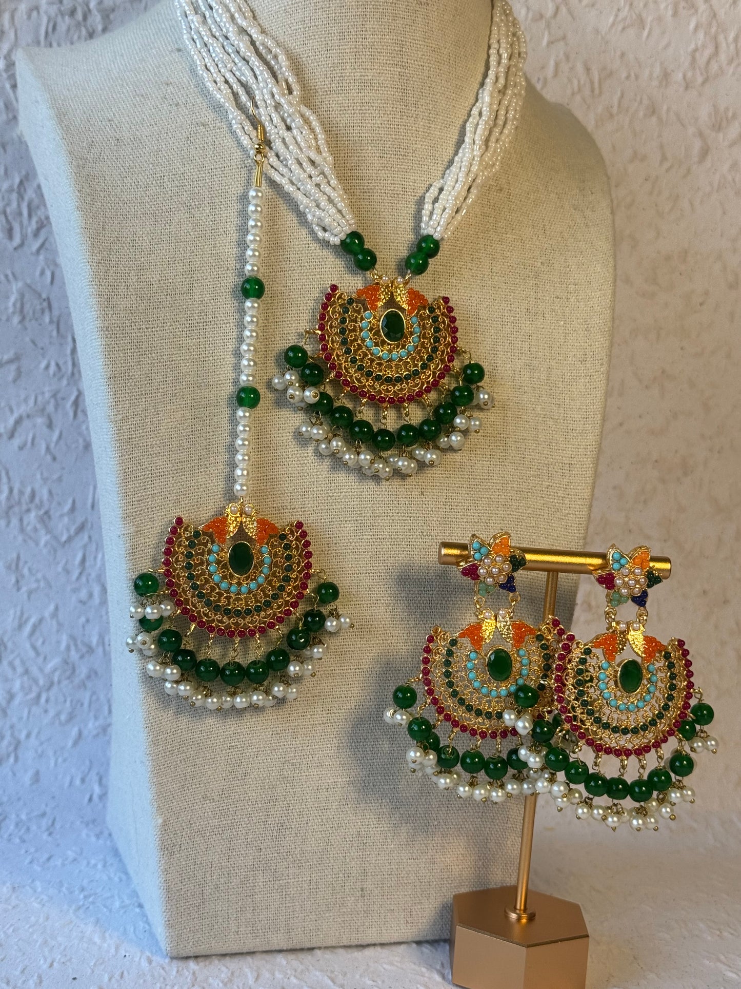 White Beaded Necklace set with Multi-colour statement piece & Bird Motif