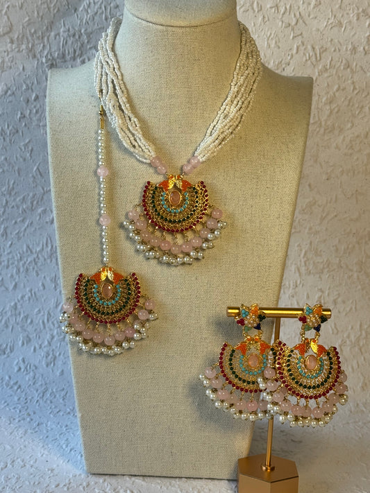 White Beaded Necklace set with Multi-colour statement piece & Bird Motif