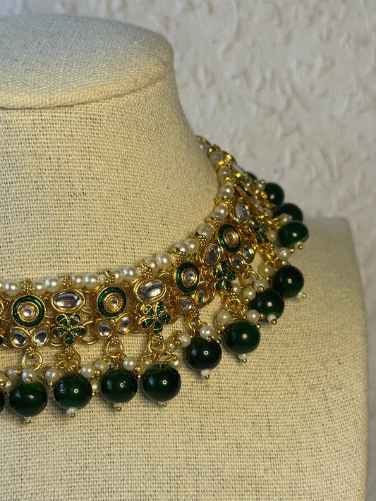 Emerald Green and Gold Necklace Set with Tikka