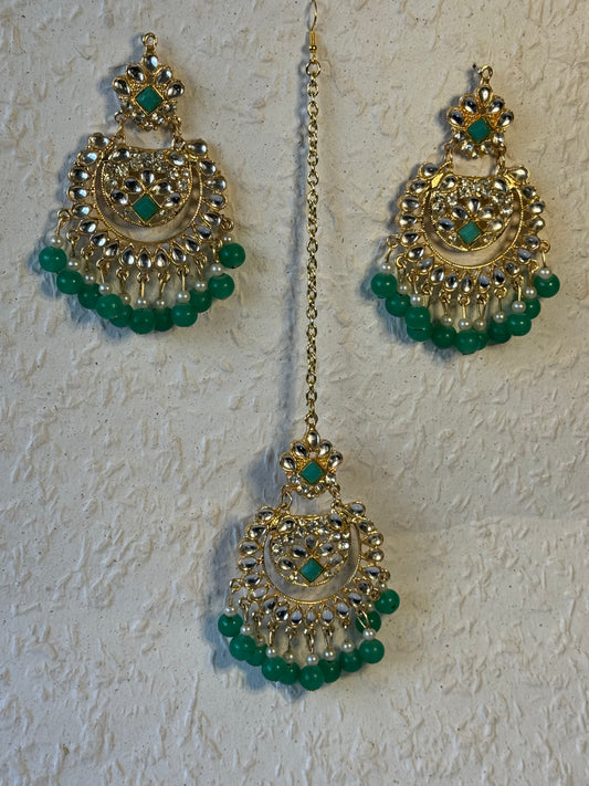 Gold and Teal Blue Earring & Tikka Set