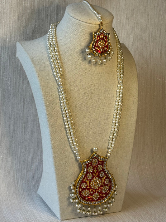 Pearl and Ruby Red Necklace Set with Tikka