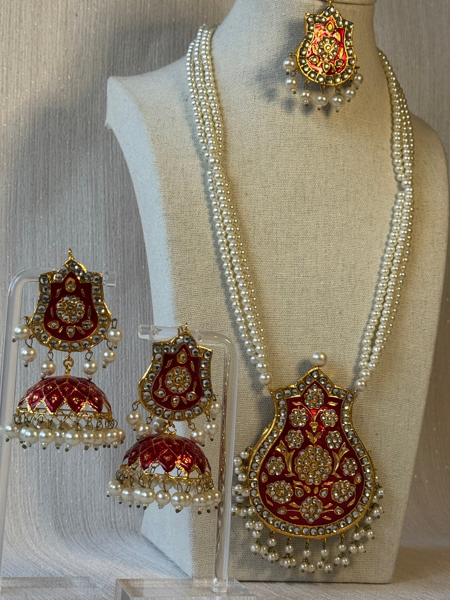 Pearl and Ruby Red Necklace Set with Tikka