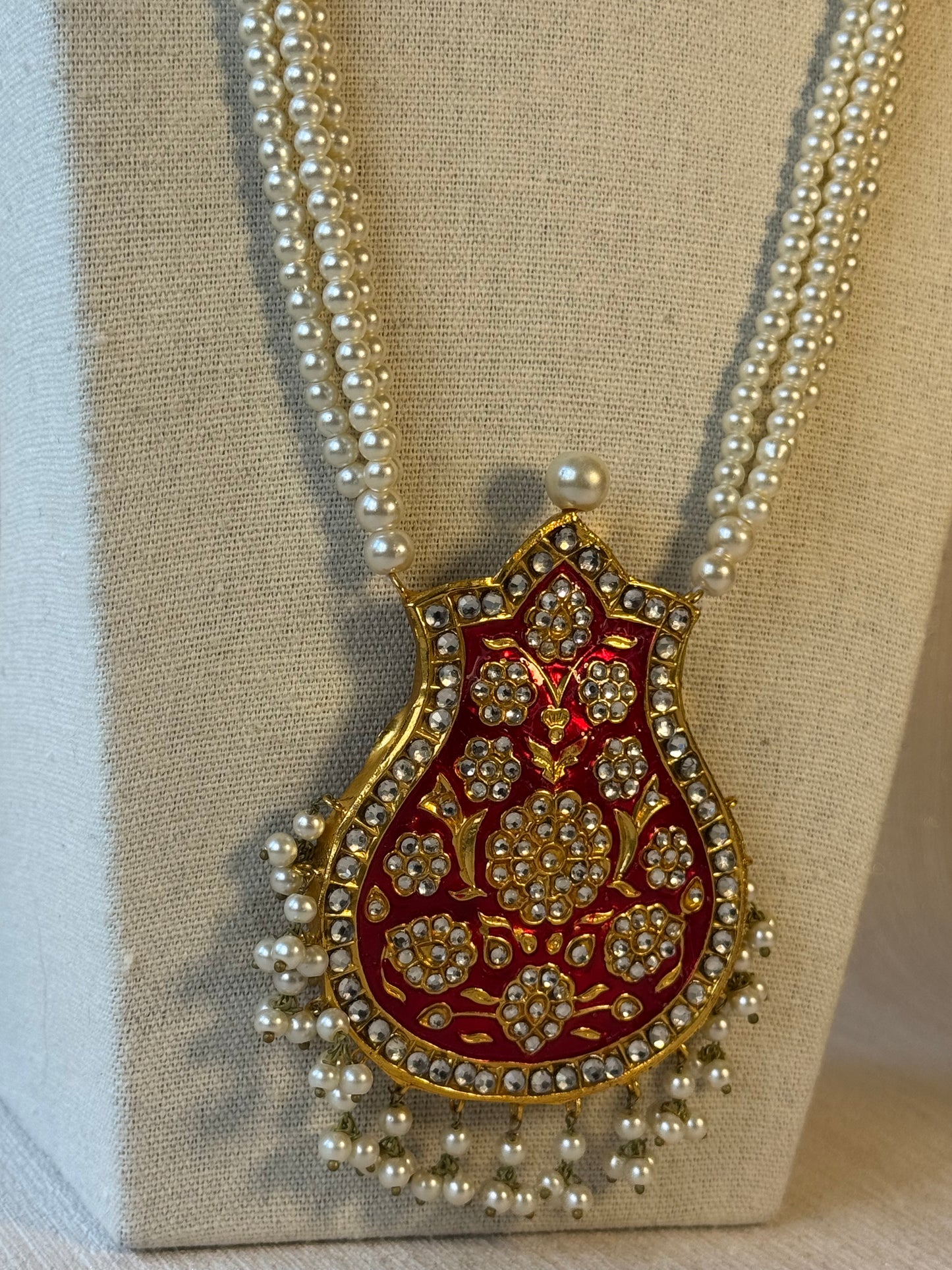 Pearl and Ruby Red Necklace Set with Tikka