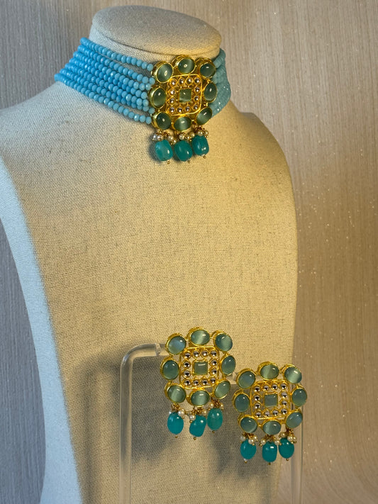 Sky Blue Choker Set with Stud earrings