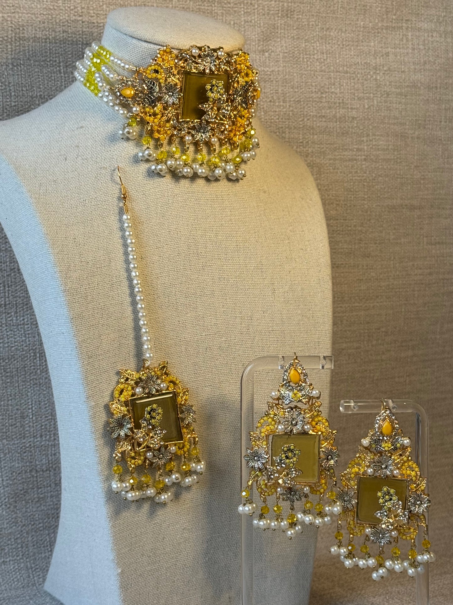 Pearl Choker set with floral details | Necklace, Earrings, Tikka