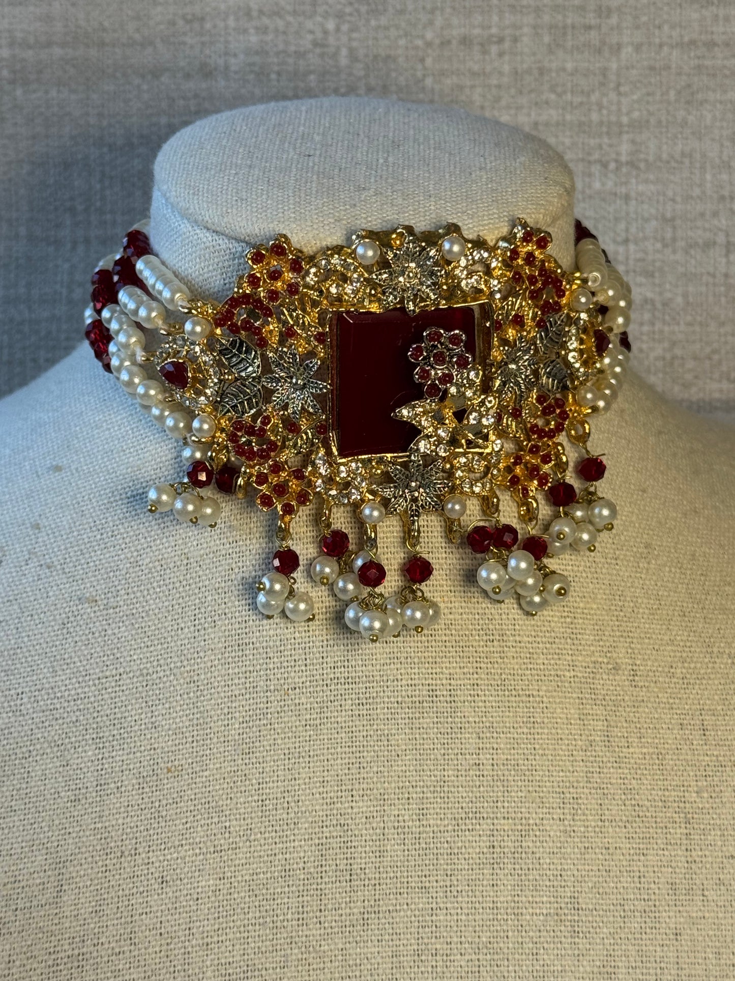 Pearl Choker set with floral details | Necklace, Earrings, Tikka