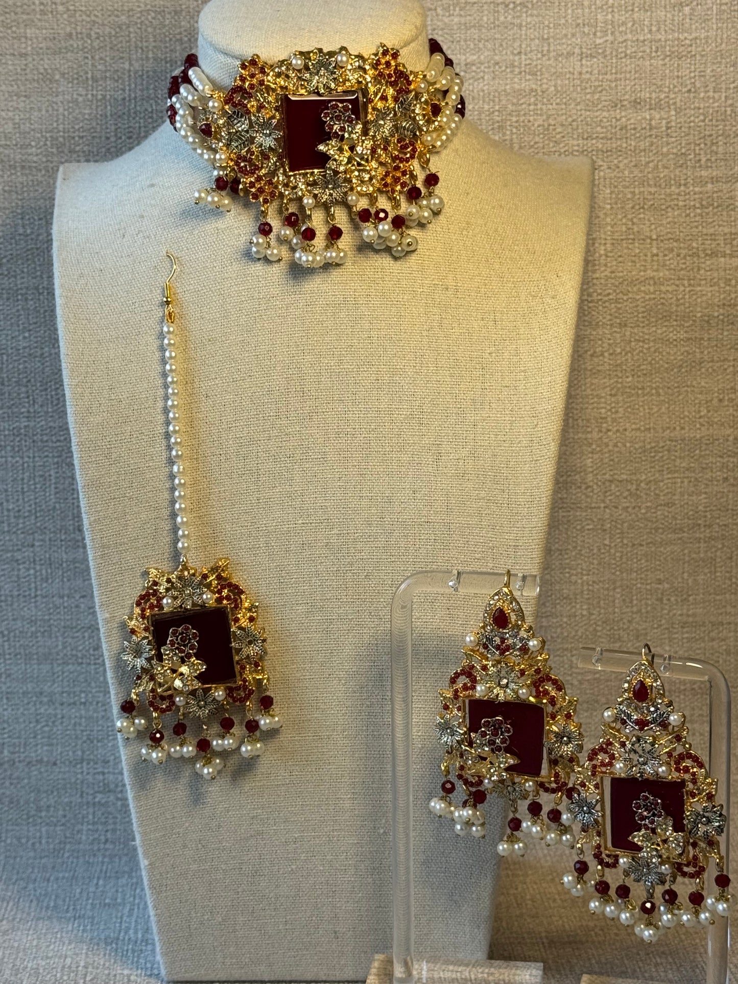 Pearl Choker set with floral details | Necklace, Earrings, Tikka