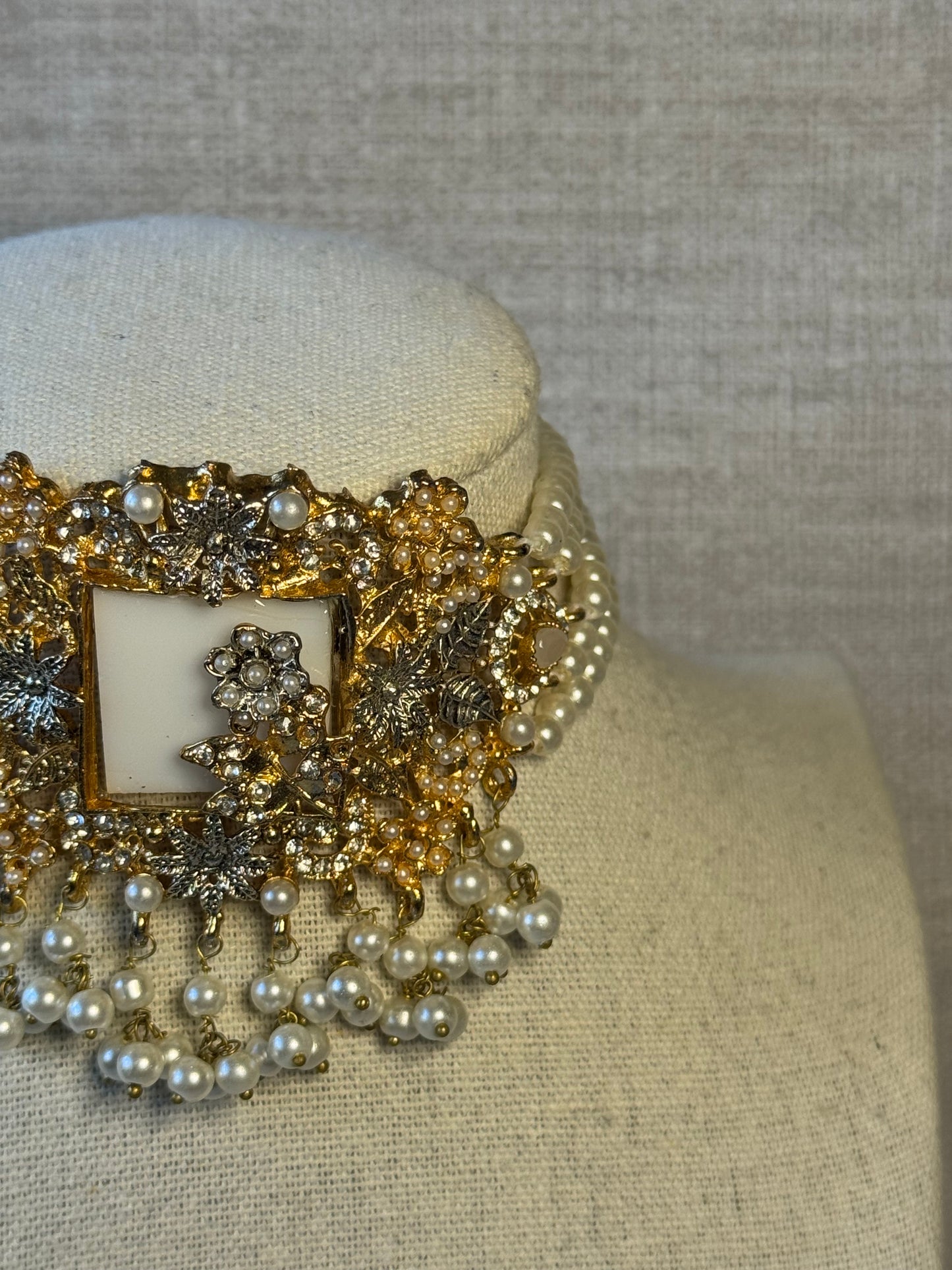 Pearl Choker set with floral details | Necklace, Earrings, Tikka