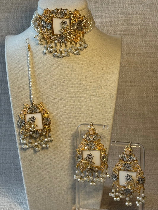Pearl Choker set with floral details | Necklace, Earrings, Tikka