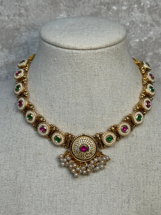 Moti Necklace Set with Matte Gold Plating