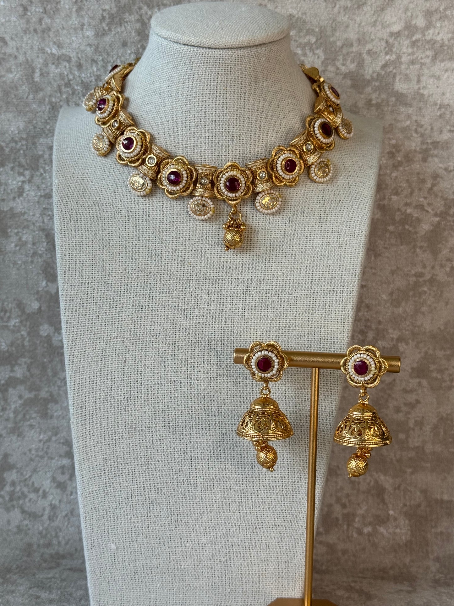 Regal Pota Stone Choker Necklace Set with Jhumka Earrings | Traditional Indian Gold Tone Jewelry
