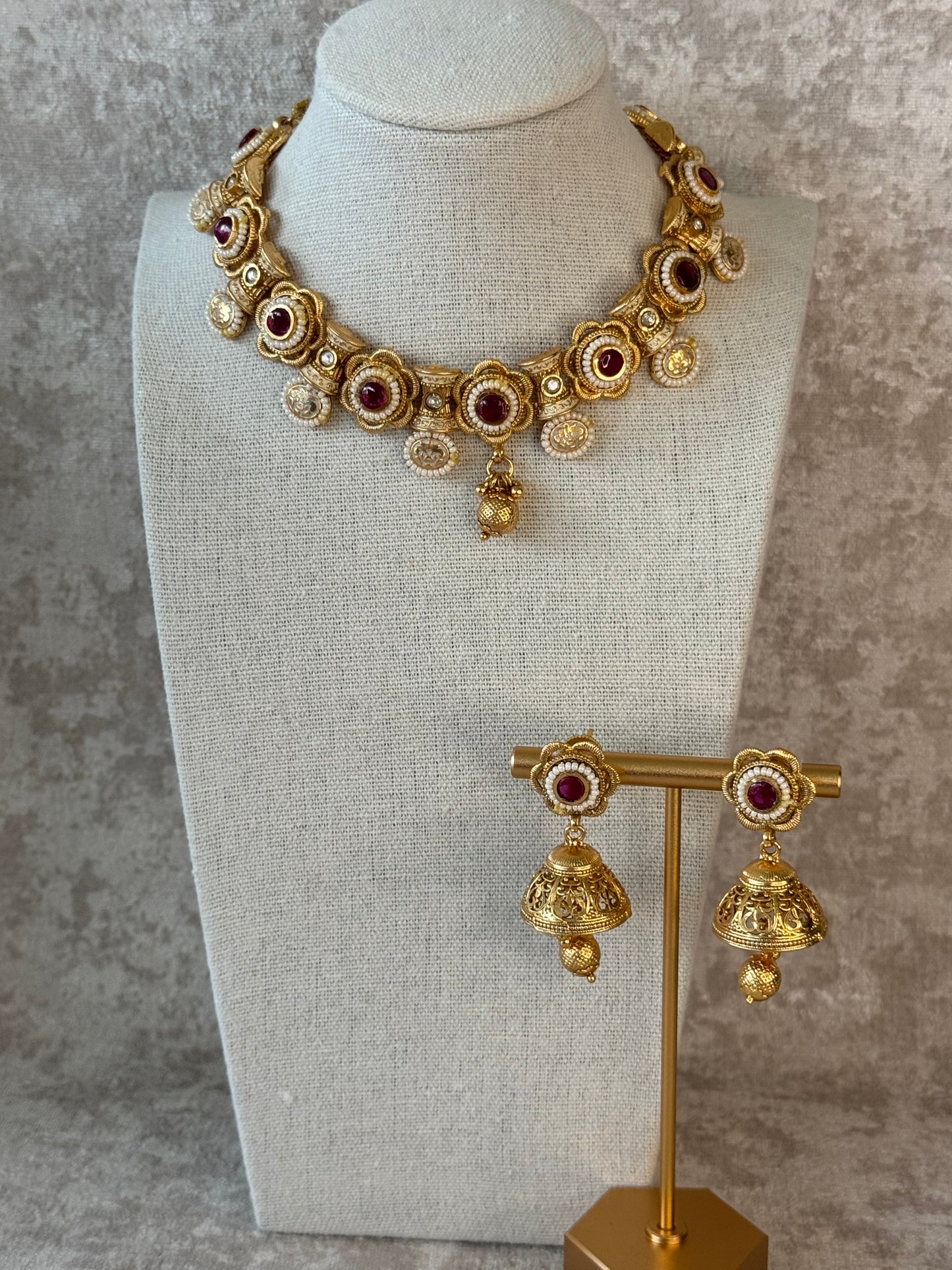 Regal Pota Stone Choker Necklace Set with Jhumka Earrings | Traditional Indian Gold Tone Jewelry
