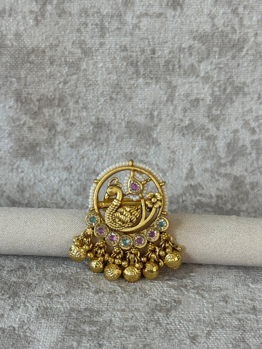 Elegant Peacock Gold-Toned Ring with Pearl & Gemstone Embellishments