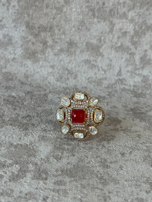 Ruby Red Kundan Polki Adjustable Ring | Traditional Indian Ethnic Statement Piece